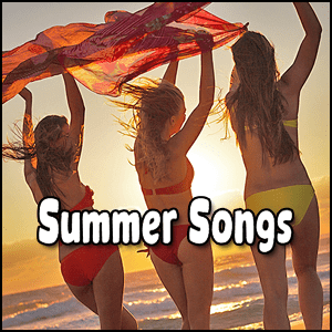 A group of girls in bikinis on a beach enjoying summer songs.