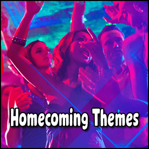 A group of people standing next to each other, dressed in coordinating Homecoming Themes.