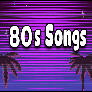 A purple background with palm trees and the words 80's songs.