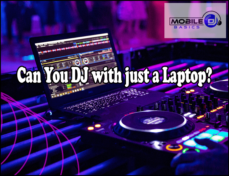 A DJ setup features a laptop running mixing software alongside a sleek digital audio mixer. The text poses the question: 