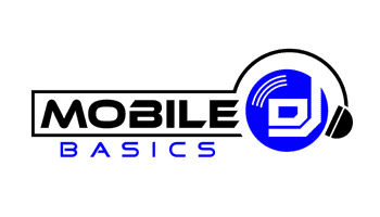 Logo with the text "Mobile Basics" next to a blue and white icon resembling a smartphone with headphones around it.