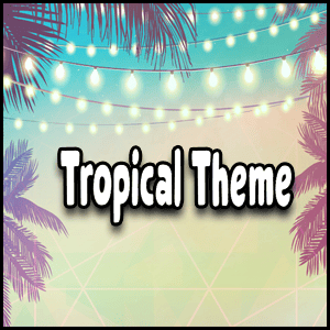 A tropical-themed background with palm trees.