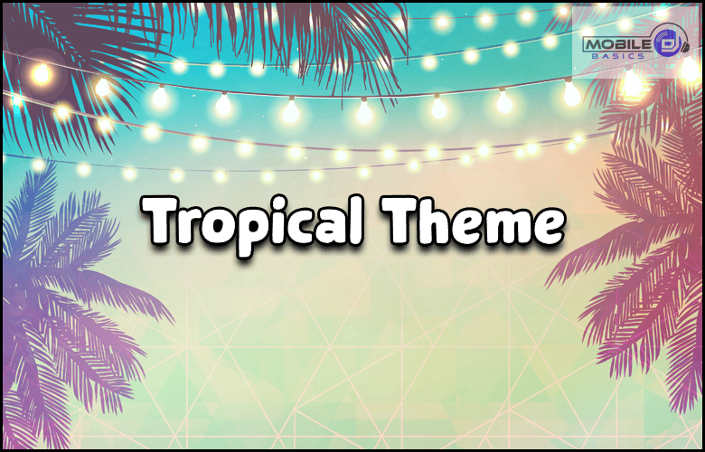 a tropical theme with palm trees in the background.
